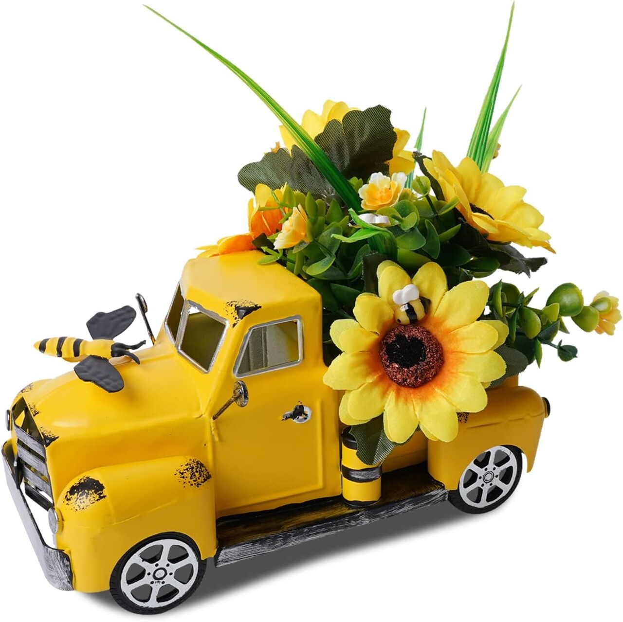 Metal Truck Decor with Sunflowers,Honey bee Decor,Fall Table Decor for Home Farmhouse,Vintage Pickup for Living Room Shelf Kitchen Table Centerpieces,Yellow